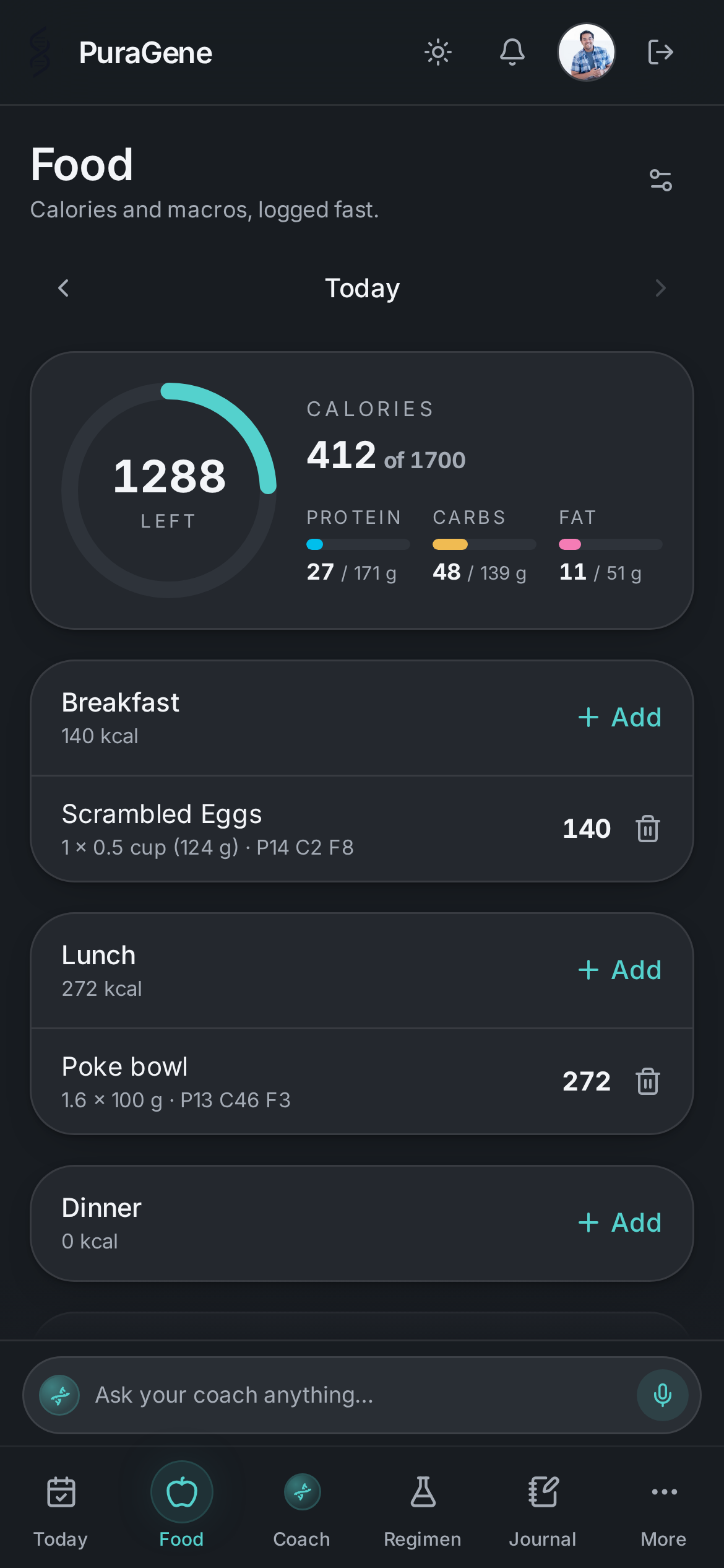 PuraGene app, Food screen