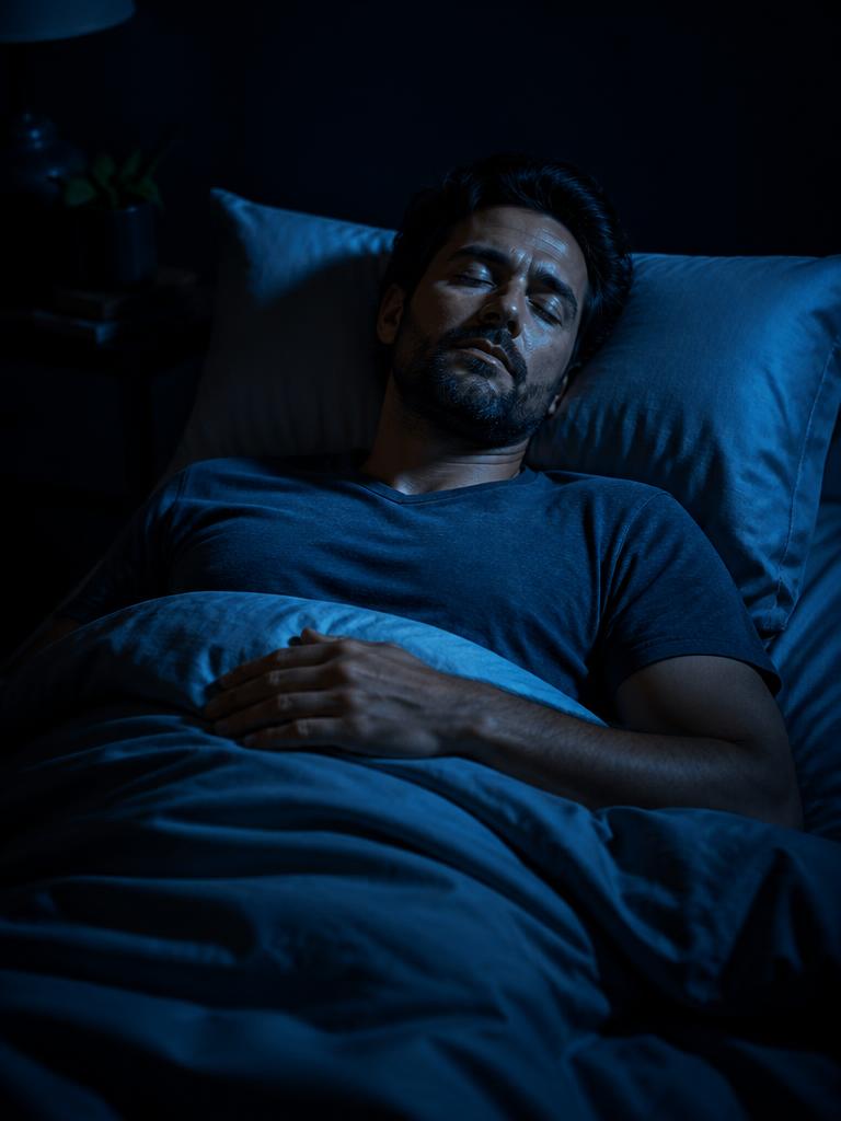 Man sleeping deeply in a dark, calm bedroom