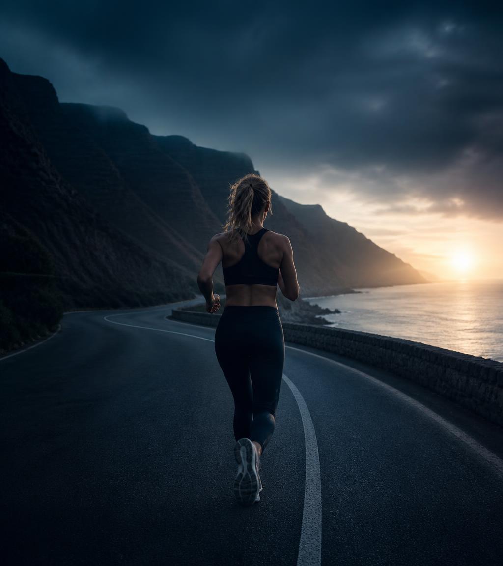 Runner on a coastal road at sunrise